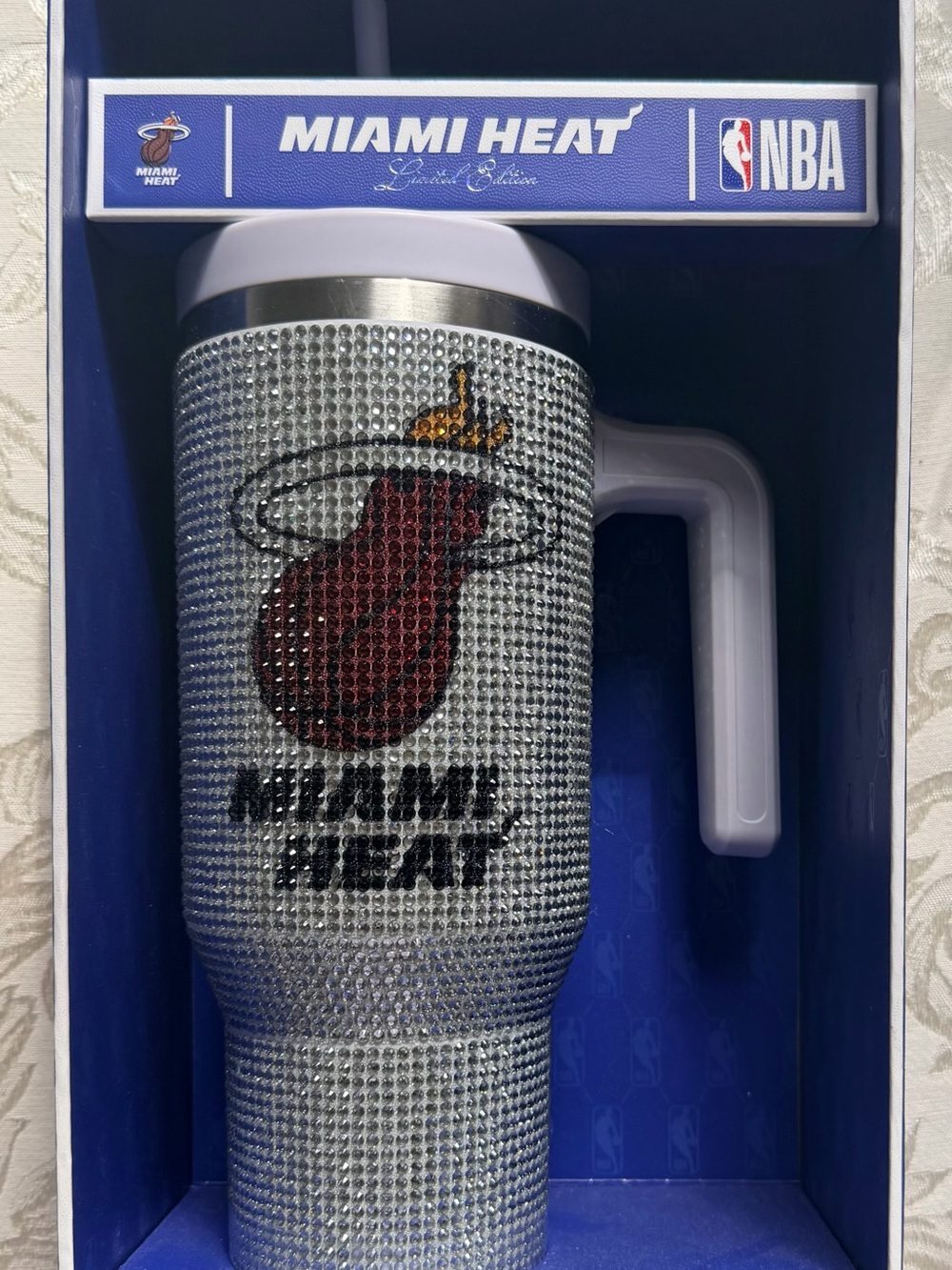 NBA Miami Heat Crystal Travel Mug - White Handle with Silver Rhinestones